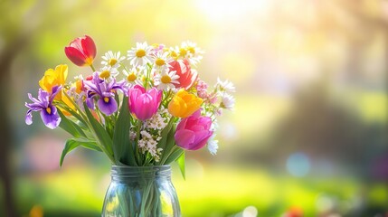 Poster - Brightly colored tulips, irises, and daisies fill a glass jar, illuminated by warm sunlight on a cheerful afternoon. Generative AI