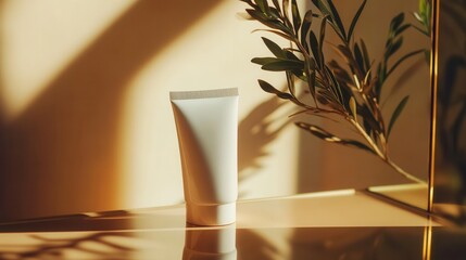 Poster - A tube of cream is positioned on a surface, reflecting in a mirror while basking in soft, warm, natural light, creating an inviting ambiance. Generative AI