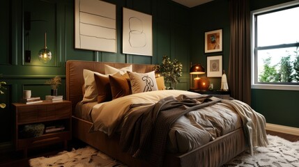 Luxurious bedroom with cozy dark green accent wall. AI generated image