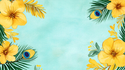 Sticker - Watercolor Tropical Floral Background with Peacock Feathers - Perfect for Summer Invitations and Greeting Cards