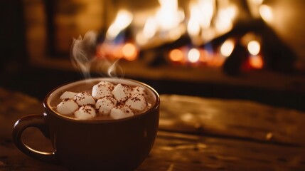 Cup of hot chocolate by fireplace in warm light in autumn