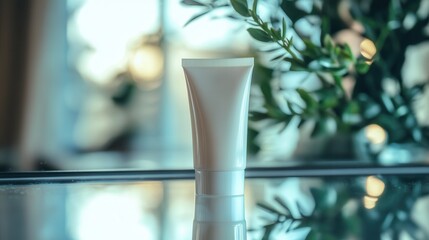 Poster - The tube of cream is positioned on a reflective mirror, surrounded by soft sunlight and greenery, creating a tranquil ambiance. Generative AI