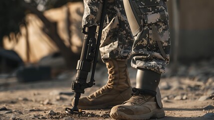 A soldier stands on rough terrain, equipped with military gear and a firearm.