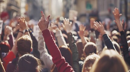 A crowd of people raising their hands during a demonstration or protest, expressing solidarity and support.