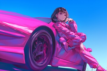 anime girl with pink sport car