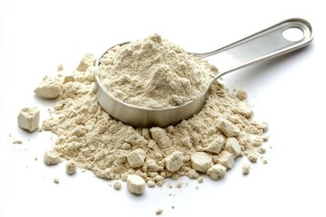 A close-up shot of a scoop of powdered maca root. The photo highlights the texture and color of the powder, perfect for illustrating maca root's uses in health and nutrition.