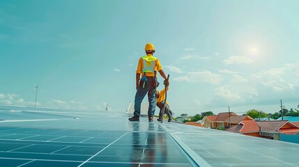 Workers installing solar panels on a rooftop under a bright sky.