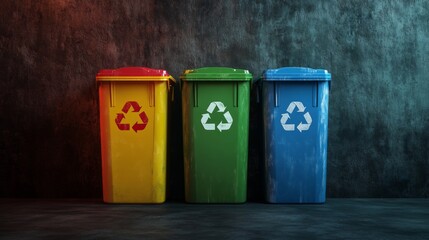 Image of three recycling bins in yellow, green, and blue colors placed side by side against a textured dark background, promoting waste sorting and environmental responsibility.