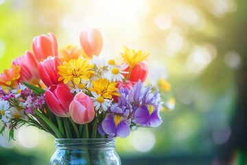 Poster - Brightly colored tulips, irises, and daisies fill a clear glass jar, bathed in warm sunlight that enhances their beauty. Generative AI