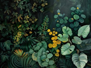 Wall Mural - A lush green background featuring various tropical plants and flowers in vibrant shades of green and yellow.