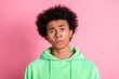 © deagreez - Portrait of nice young man sullen sad face wear green hoodie isolared on pink color background