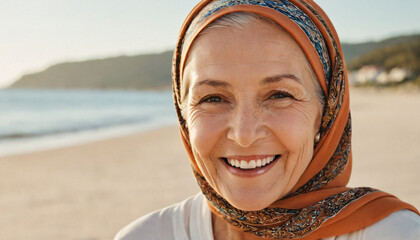 Wall Mural - older woman wide smile on the beach	
