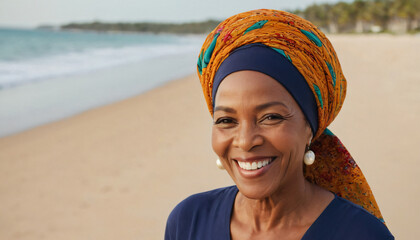 Wall Mural - black older woman smiling at beach background