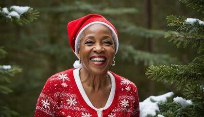 Wall Mural - Senior woman enjoying Christmas festivities in the forest