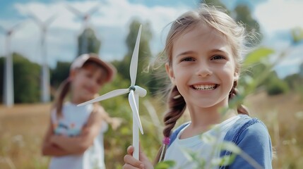 Two girls in a field with wind turbines, one holding a small wind turbine model, smiling and enjoying nature.