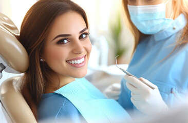 Canvas Print - A beautiful woman is sitting in the dentist's chair, smiling as she gets her teeth whitened by an attractive female dental doctor wearing blue scrubs