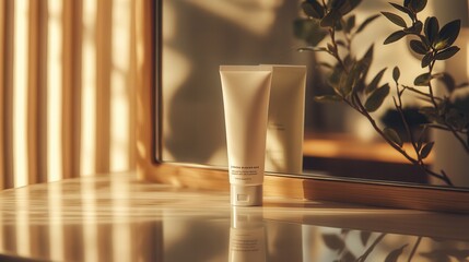 Poster - A tube of cream is placed on a vanity table, its reflection visible in the mirror, illuminated by soft, warm sunlight streaming in. Generative AI
