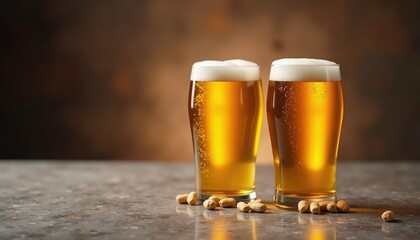 Refreshing beer in two glasses with a frothy top, perfect for cozy gatherings or bars. Ideal for food and beverage marketing.