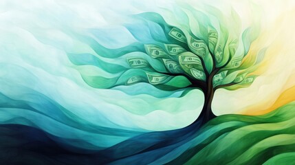 Canvas Print - A painting of a tree with money flowing out from it, AI