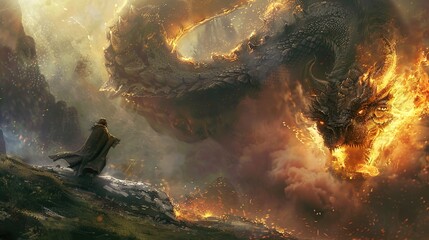 A lone figure stands before a fiery dragon in a dramatic scene of fantasy and epic battle.