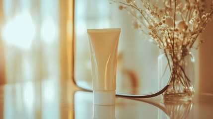 Aufkleber - A tube of cream elegantly reflects in a mirror, accompanied by a vase of delicate flowers in a softly lit room, creating a tranquil atmosphere. Generative AI