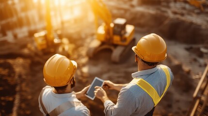 Two construction workers are reviewing building plans on-site amidst heavy machinery at sunset, emphasizing teamwork, planning, and progress in an industrial setting.