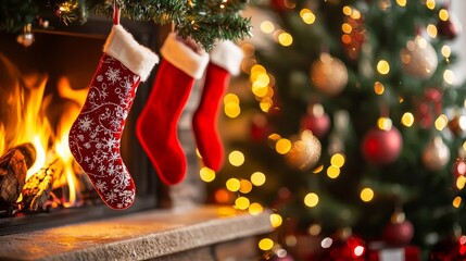 Two Christmas stockings hang by a fireplace, with a warm fire and decorated Christmas tree in the background.