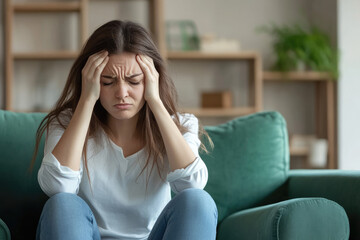 Wall Mural - Tired woman with a headache sitting on a green sofa in the living room at home, the female is suffering from eye strain and daytime pain