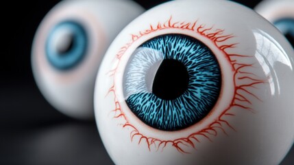 Sticker - A close up of three white and blue plastic eyes with red pupils, AI