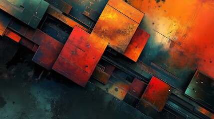 Abstract scene of old copper boards morphing into sleek modern gadgets, vibrant colors, geometric patterns, digital painting, futuristic atmosphere