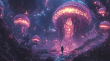 Wall Mural - a solitary figure stands amidst floating orbs of magma and celestial phenomena,