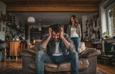 Canvas Print - A man sits on the sofa, wincing in pain, as his wife shouts at him