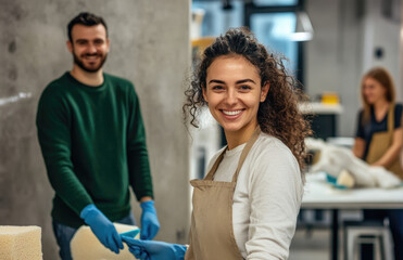 Canvas Print - A group of professional cleaning team members are working in an office, smiling and looking at the camera