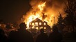 © Paul - A house engulfed in flames in a crowded neighborhood, residents watching in fear and shock, night sky glowing with firelight, intense heat radiating, dramatic scene