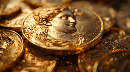 Wall Mural - Close-Up of Golden Coins with a Profile of a Woman's Face - Realistic Image