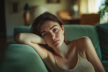 Wall Mural - Tired woman with a headache sitting on a green sofa in the living room at home, the female is suffering from eye strain and daytime pain