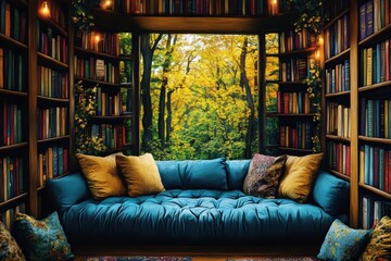 Cozy Reading Nook with Books and Autumn View