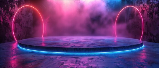 Wall Mural - Glowing Neon Lights and Platform in a Concrete Room