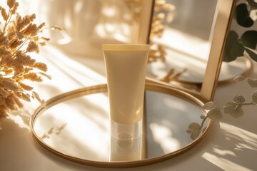 Poster - A cream tube stands upright on a round mirror, reflecting its shape in soft golden light, with decorative plants nearby. Generative AI