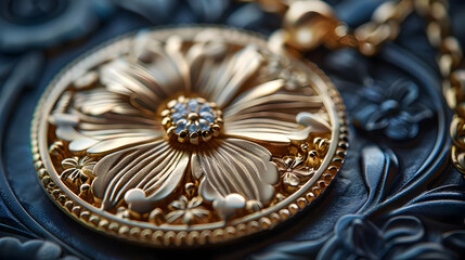 Wall Mural - Closeup of a Golden Flower Pendant with Blue Gemstone - 3D Illustration