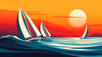 Wall Mural - a flat design of a sailboat race with bright, contrasting colors