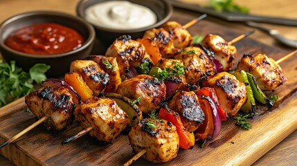 Wall Mural - Grilled chicken skewers with assorted vegetables and dipping sauces on a platter