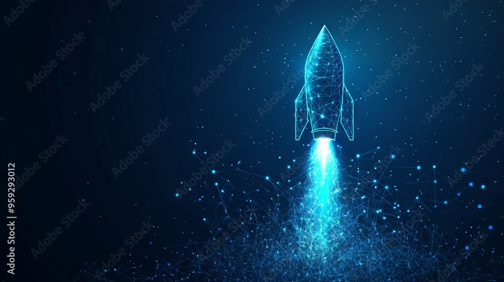 Digital growth arrows up and abstract rocket launch on dark blue ...