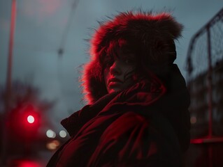 Wall Mural - A woman with a fur-lined hood stands in the street, illuminated by red lights.