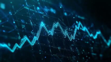 Wall Mural - Digital growth graph chart on technology map. Abstract business analysis and stock market concept. Low poly wireframe vector illustration on dark background in futuristic light blue hologram style.