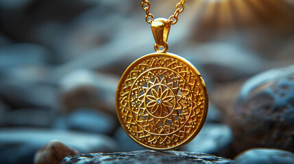 Wall Mural - Golden Mandala Pendant Necklace on Stone Illustration