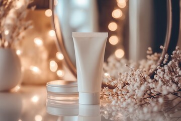 Poster - A tube of cream stands elegantly in front of a mirror, surrounded by soft flowers and warm bokeh lights in a serene environment. Generative AI