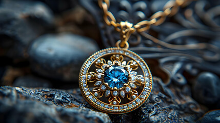 Wall Mural - Closeup of a Blue Gemstone Pendant on a Gold Chain, Photo