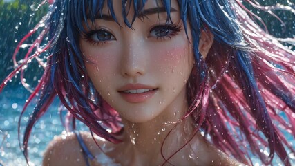 semi realistic artwork close up beautiful japanese or asian women under the rains and snow with cool background