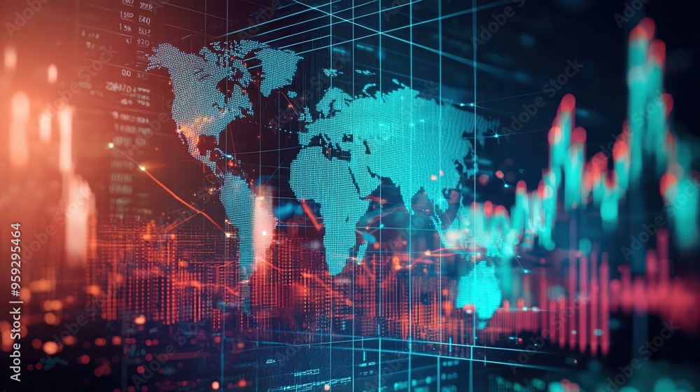 Abstract digital world map with data chart overlay, representing global ...